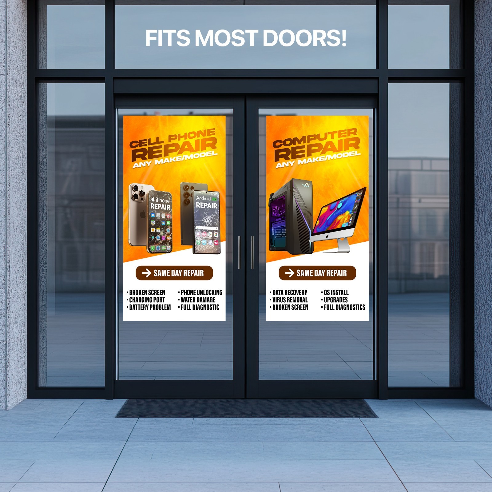 Cell Phone Computer Repair Window Wrap Decals – Set of 2 Storefront Signs Poster