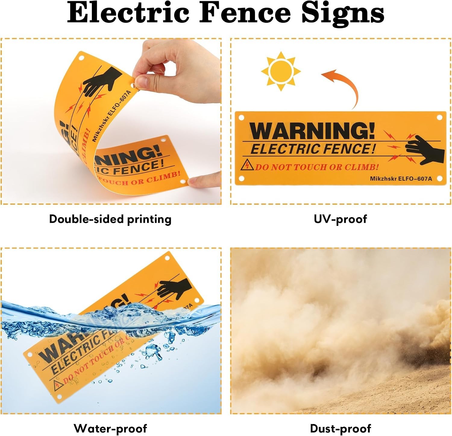 Electric Fence Warning Signs with Zip Ties 10 x 3.5 Inch Plastic Yellow Elect…