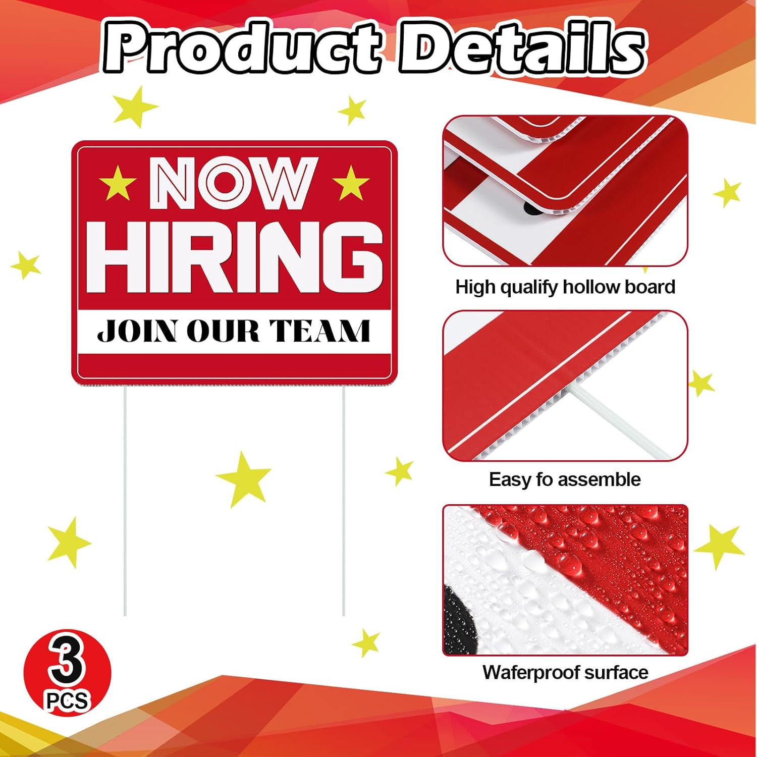3-Pack Double-Sided Now Hiring Signs with Stake for Business and Outdoor Use
