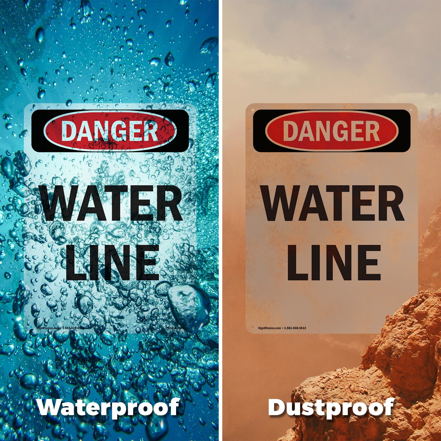 Portrait Water Line OSHA Danger Sign Metal, Plastic, Or Decal – 5 or 10 Pack
