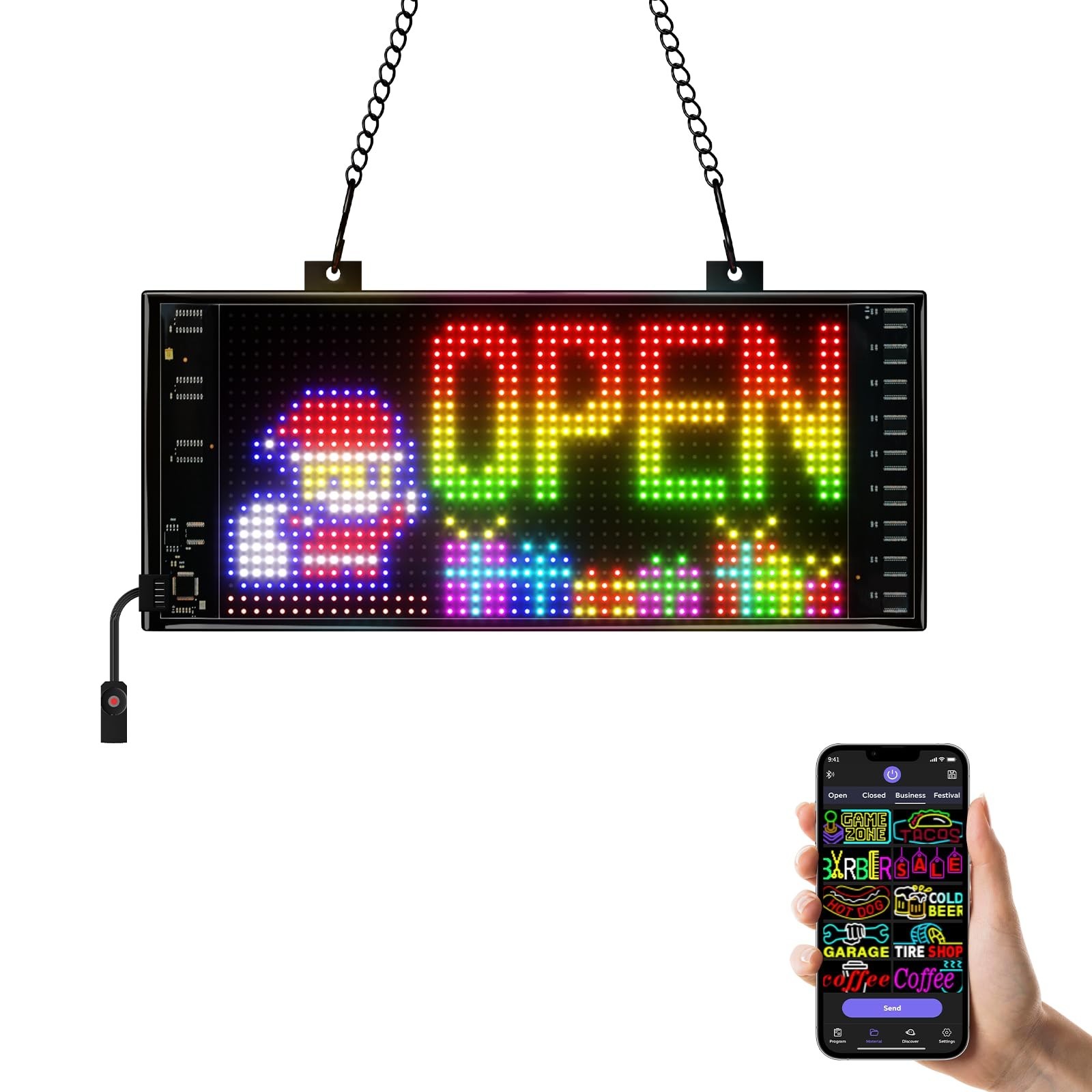 LED Open Sign with Programmable Display, Bluetooth Control, Dynamic Effects for