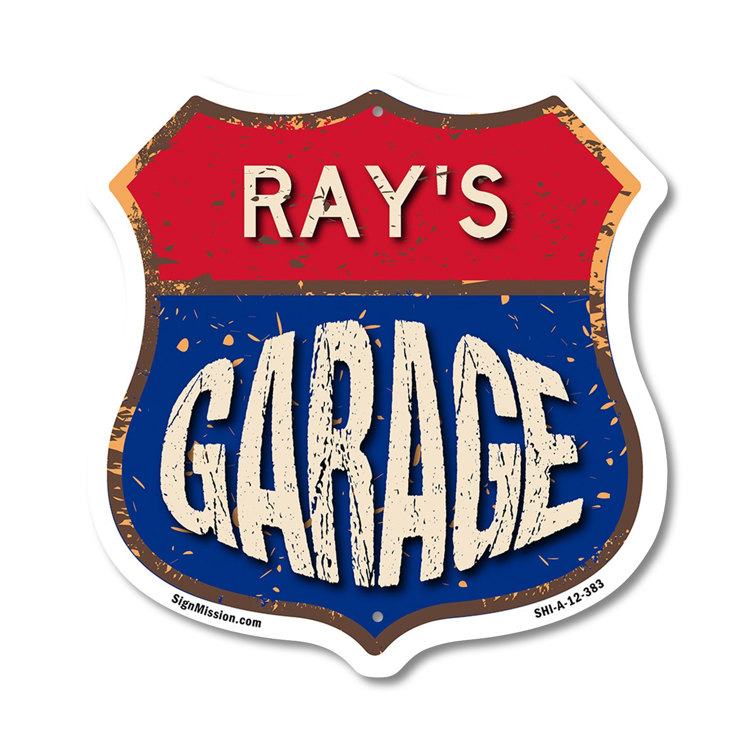 Ray’s Garage Shield Shaped Sign Weather Resistant Crafted in the USA
