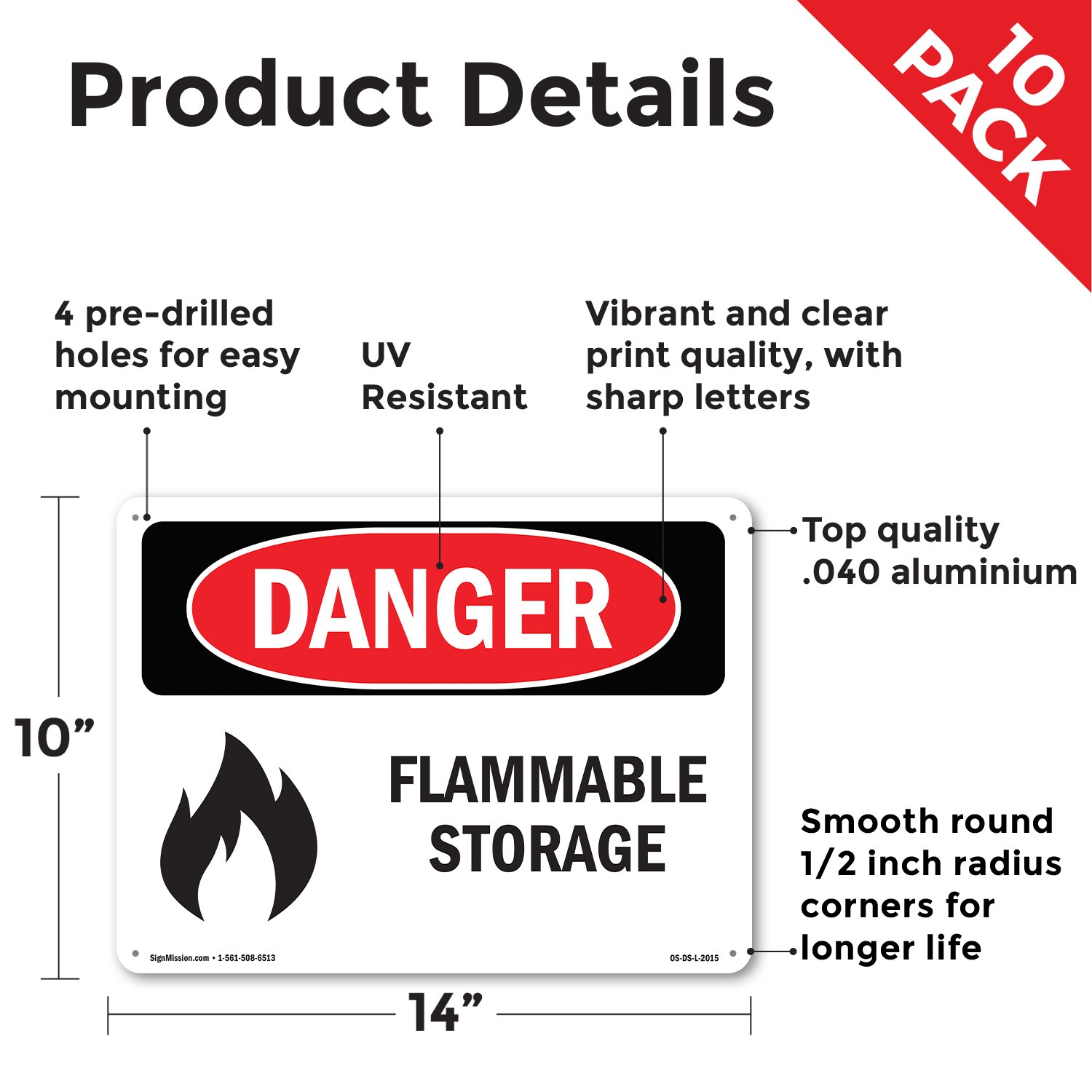 Flammable Storage OSHA Danger Sign Metal, Plastic, Or Decal – 5 or 10 Pack