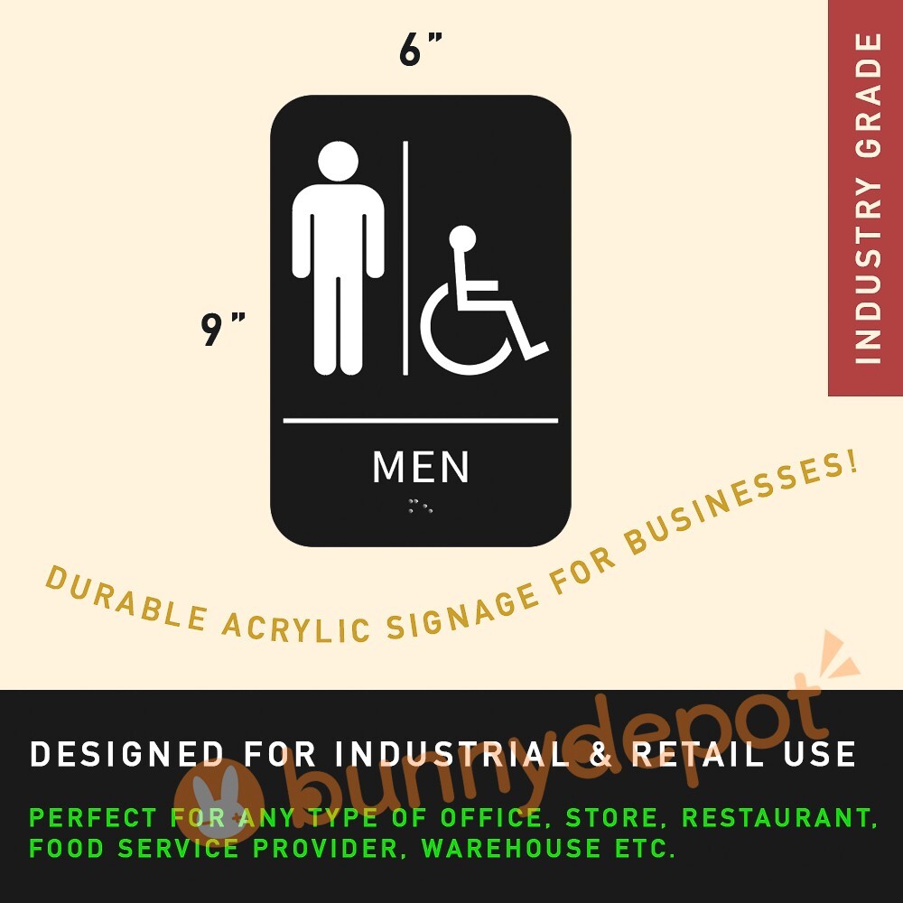 Men + Women Restroom Sign ADA Braille Self Adhesive with 3M Tape 9″ x 6″