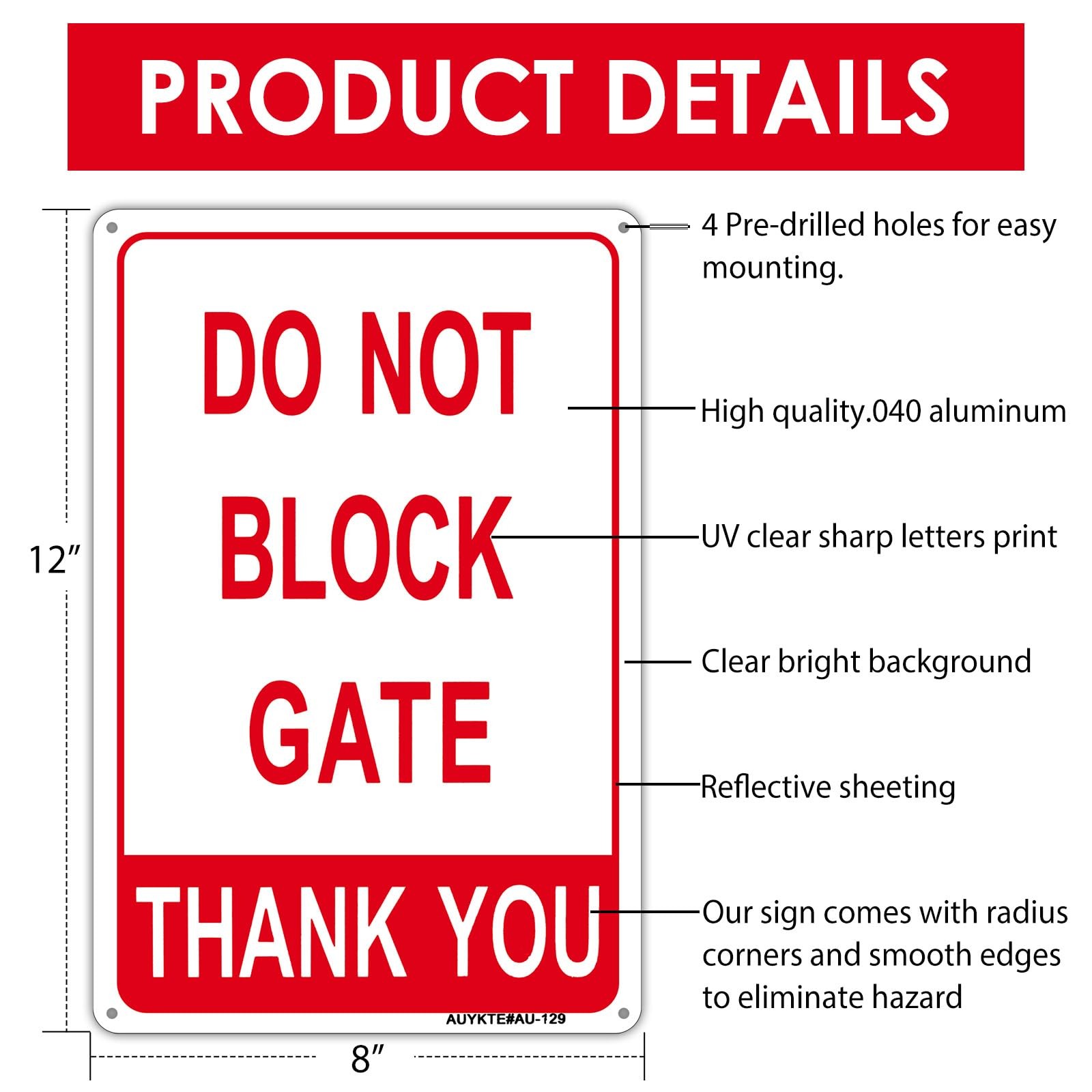 2 Pack 12×8 Do Not Block Gate Sign, .40 Rust Free Aluminum, Reflective