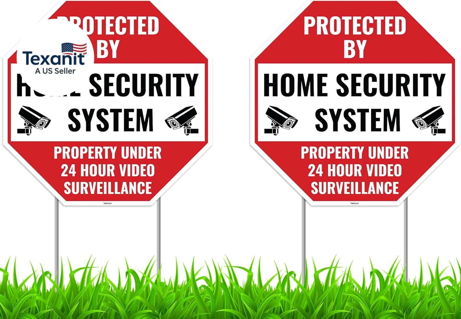 2PC 24 Home Security Signs with Stakes, 13″X13″ – Corrugated Plastic – Protected