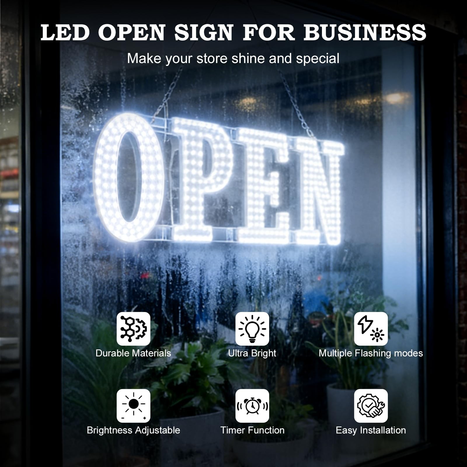 Open Sign for Business 30″X10″ with Timer and Remote Control, 10 Flashing Modes