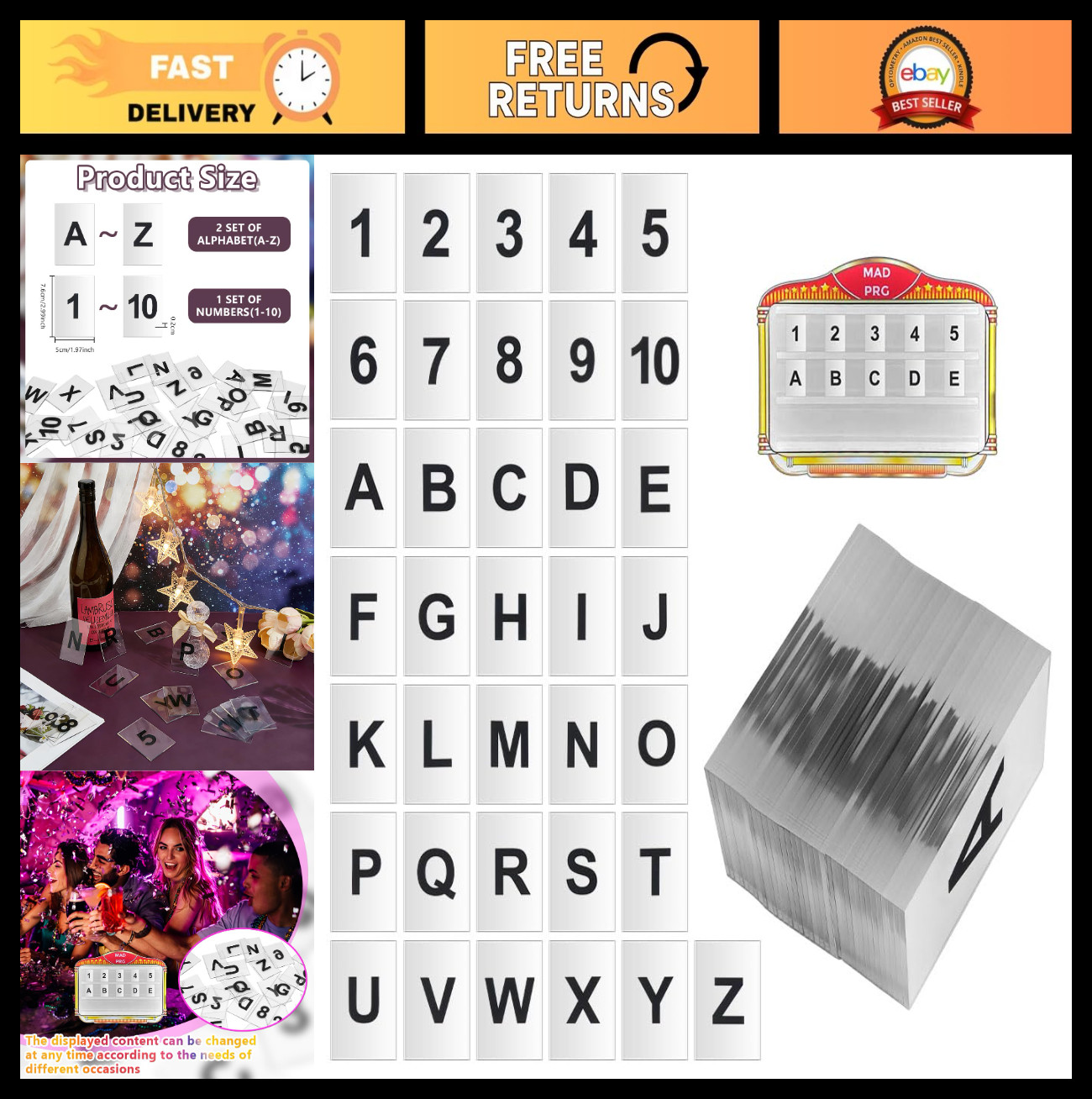 62Pcs Acrylic Bottle Service Sign Replacement Cards A-Z & 1-10 for Party Bar Dec
