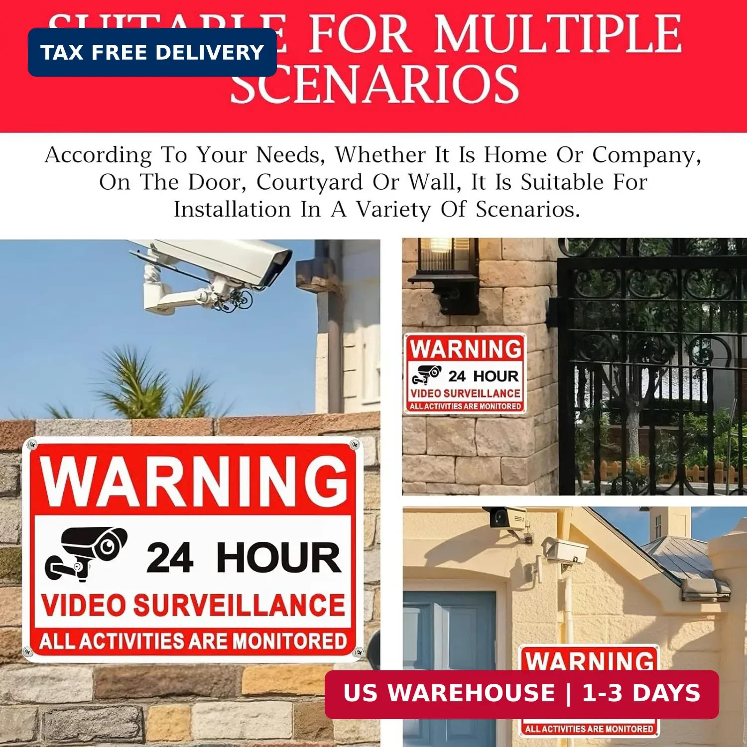 4 Pack Video Surveillance Signs, 8 x 12 Inch Aluminum Camera Signs, CCTV Securit