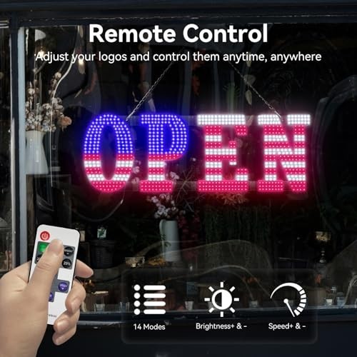 40″ x 14″ LED OPEN Sign with Remote, Dimmable Brightness, Flash Modes for Storef