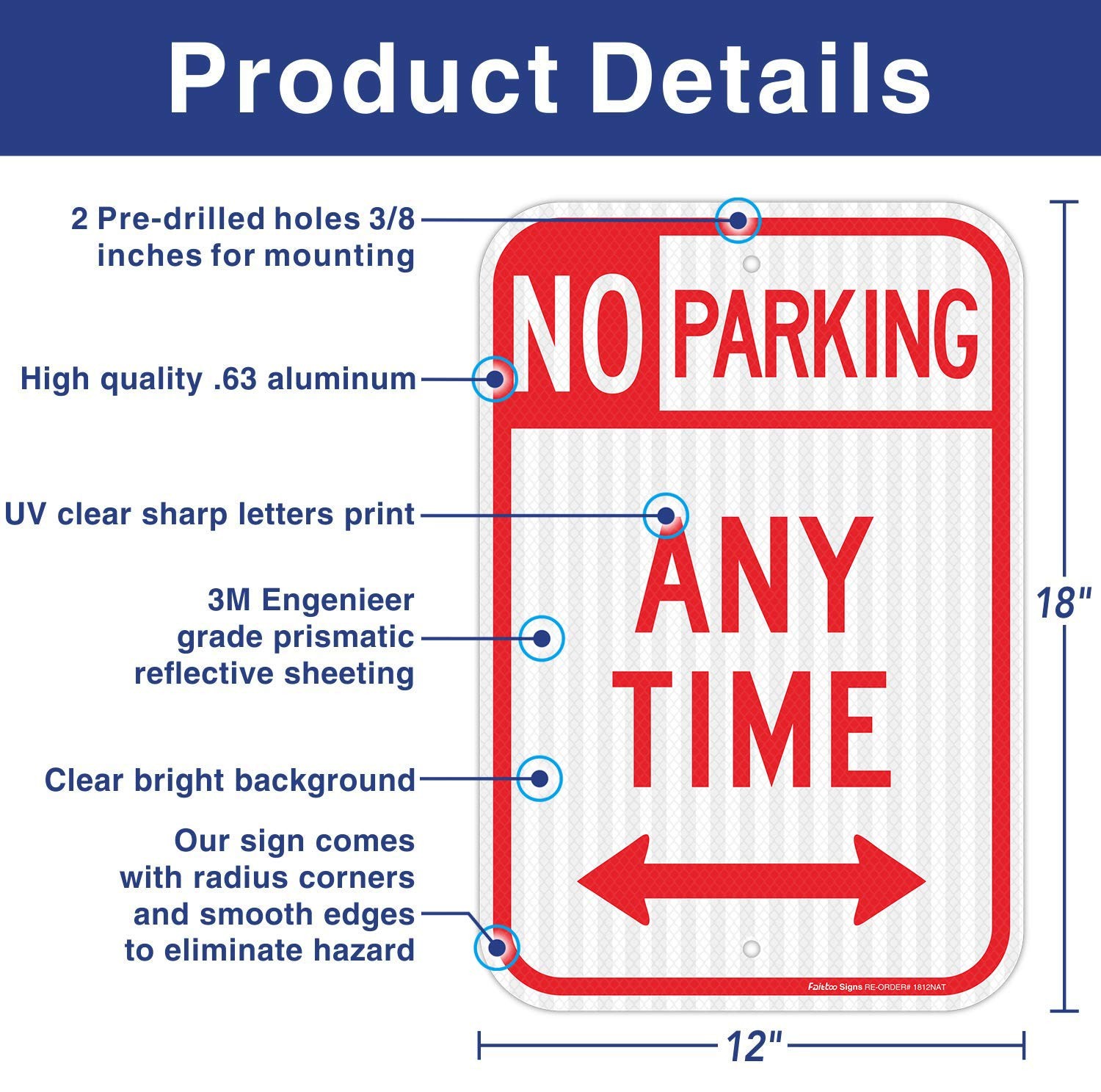 No Parking Anytime Sign with Arrows, No Parking Sign, 18 x 12 Inches Engineer…