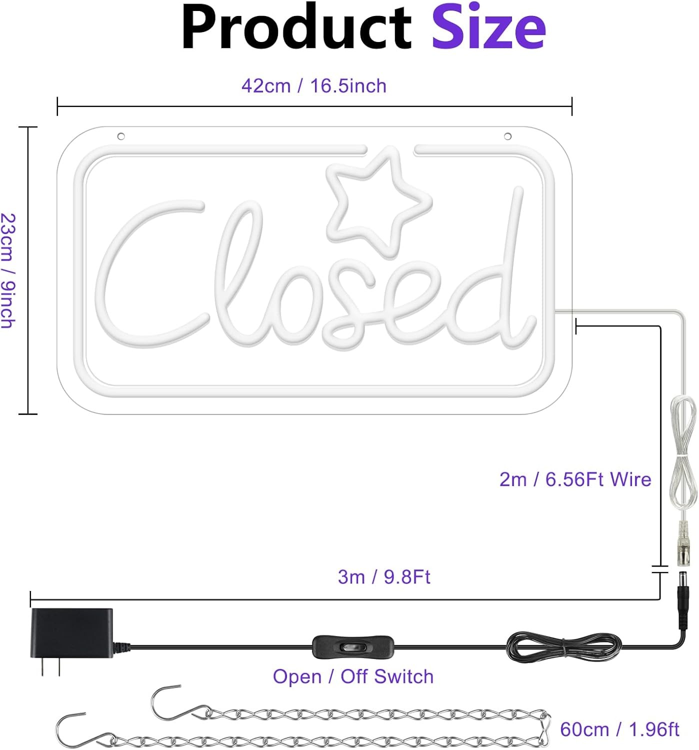 Bright Neon Closed Sign – 16.5″x9″ LED with ON/OFF Switch for Business Use