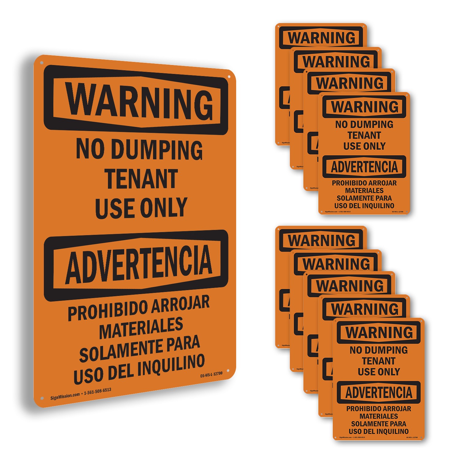 No Dumping Tenant Use Only Bilingual OSHA WARNING Sign Or Decal – 5 or 10 Pack