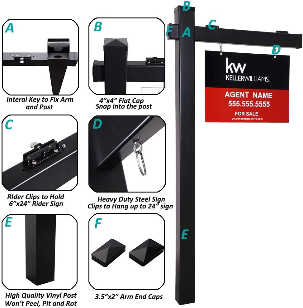 Vinyl PVC Black Real Estate Sign Post with Flat Cap 6ft. (4″x 4″x 72″) Realtor Y
