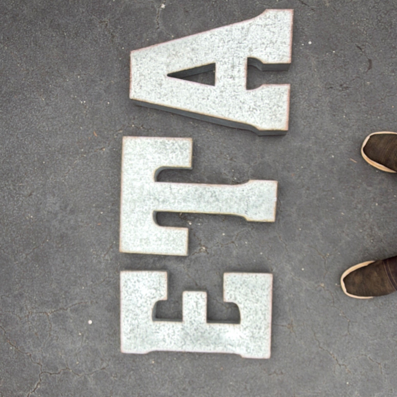 Galvanized Gray Metal Wall Mounted Individual Letters A E T, approx 12” x 21