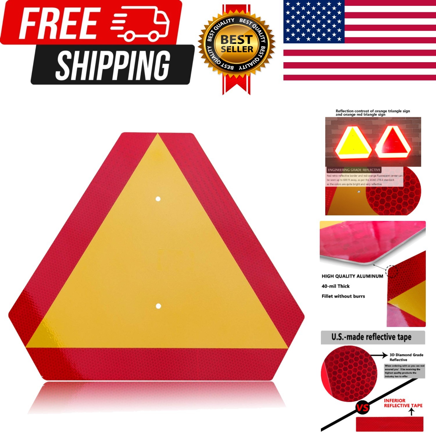 Orange Slow Moving Vehicle Sign, SMV Reflective Triangle, 14×16 Aluminum | Re…