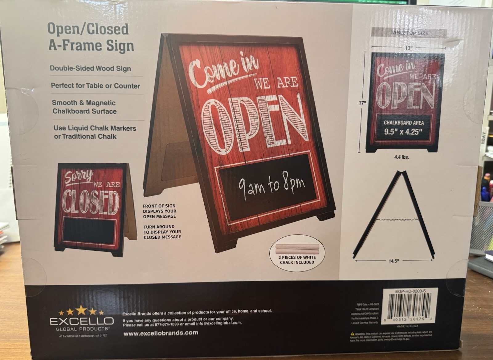 Excello Global Products A-Frame Open/Closed Sign w Chalkboard Rustic 13″ x 17″