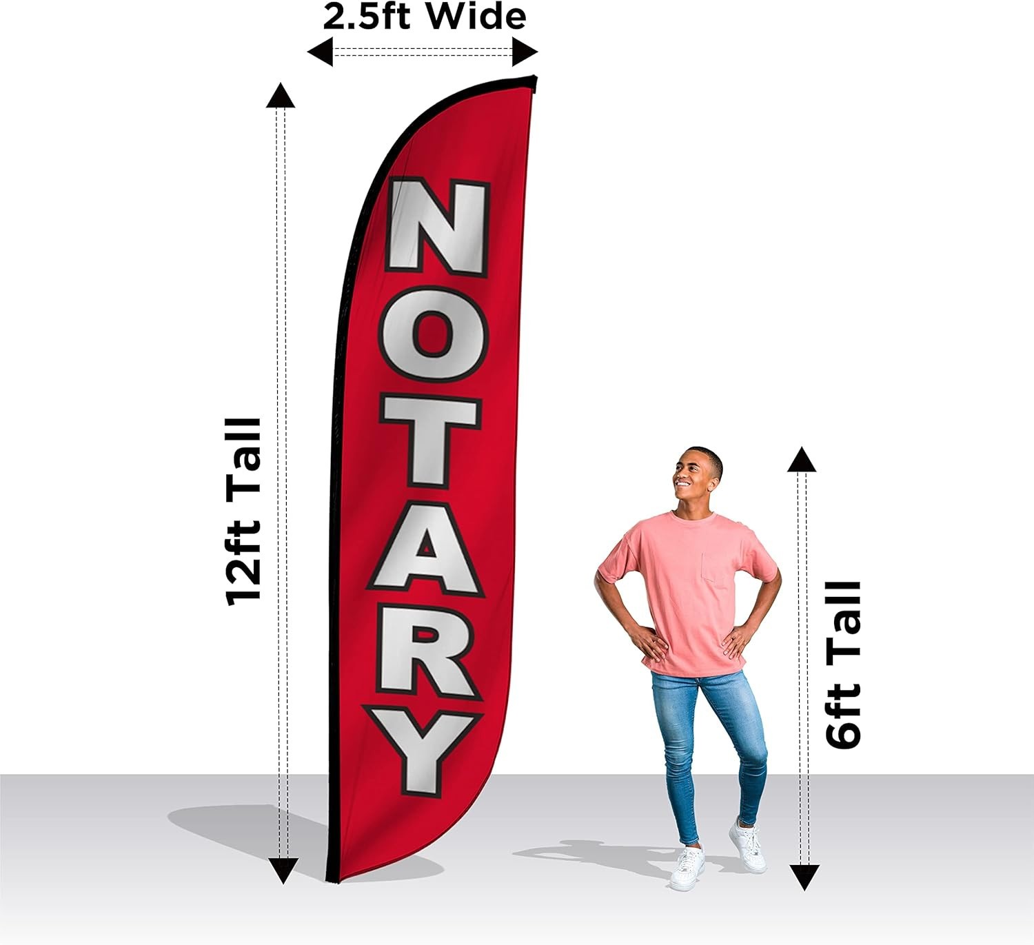 Notary Feather Flag Swooper Banner 12 ft x 2.5 ft vertical red white black