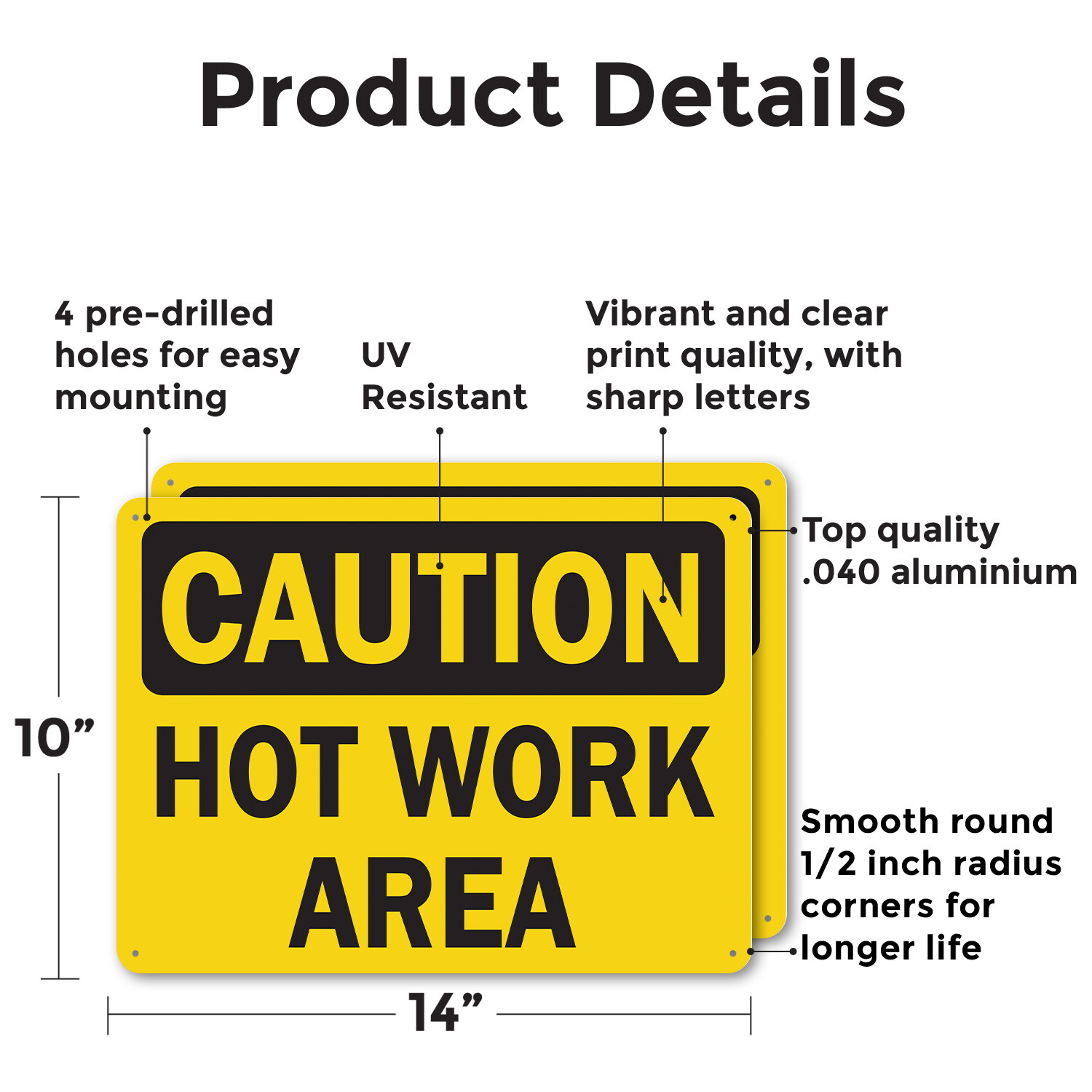 (2 Pack) Hot Work Area OSHA Caution Sign Decal Metal Plastic