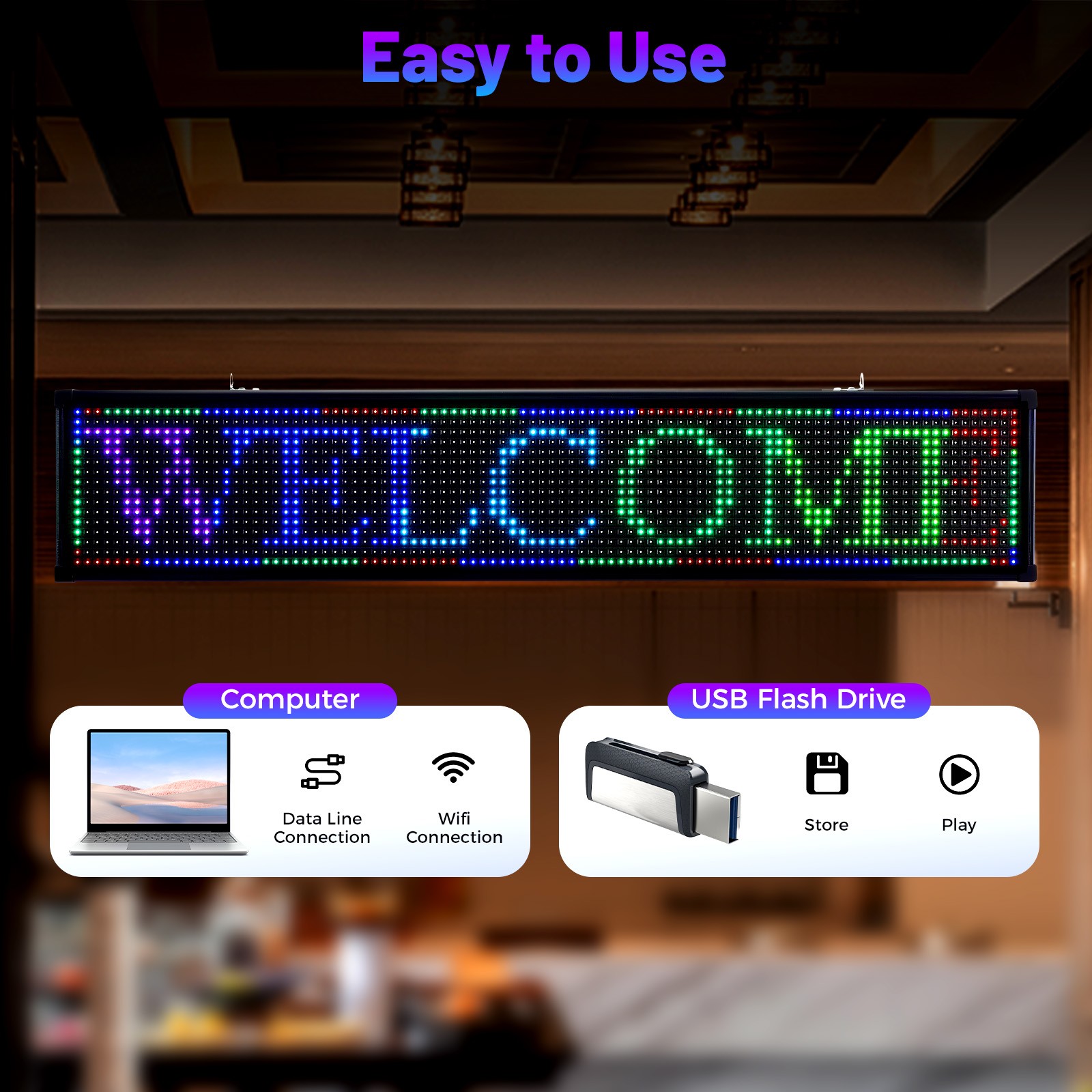 40*8 inch 7 Color LED Sign Scroll Message Board Programmable Scrolling WIFI USB