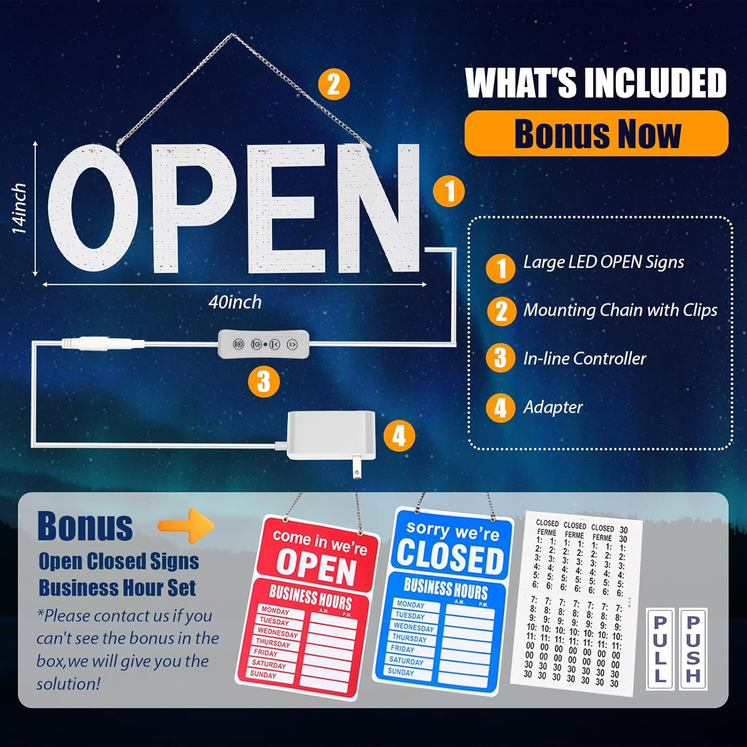 Open Sign for Business, 40″X14″ Dimmable Large LED Open Signs with Hanging Insta