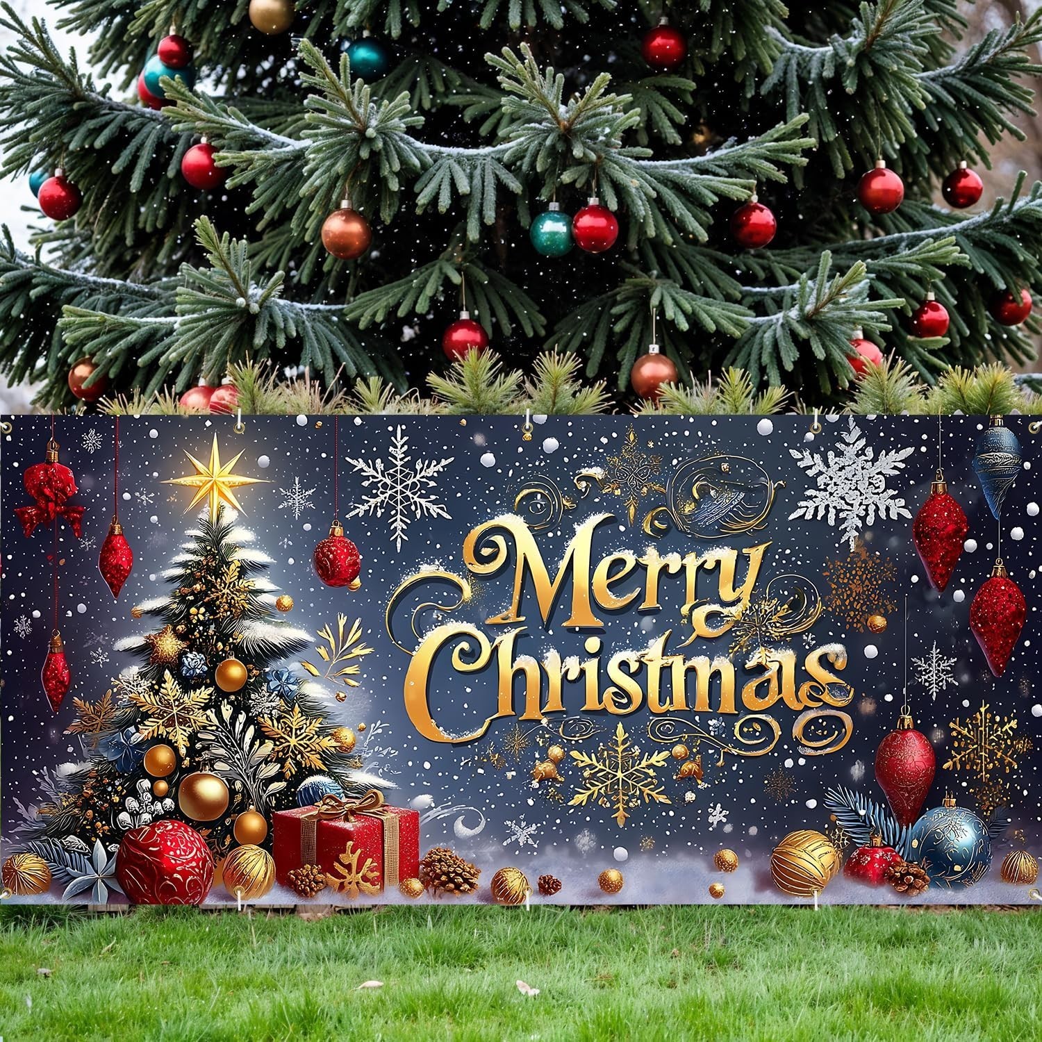 Luxury 13×6 ft Garage Door Banner – Gold Text, Snow Scene, Trees – Party Decor