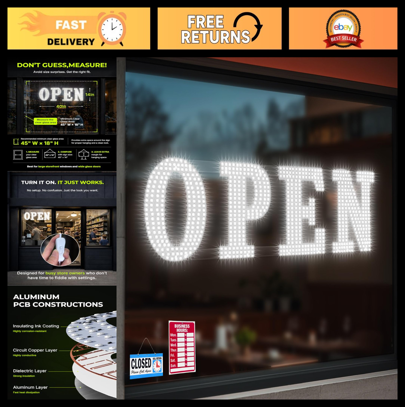 Extra Bright 40″x14″ LED Open Sign – High Visibility Business Sign for Stores, B