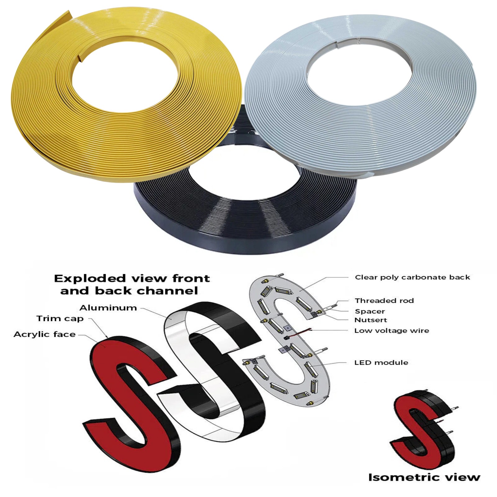 1″ (26mm) x 131ft (40m) Arrow Trim Cap for Channel Letter White Red Yellow Black