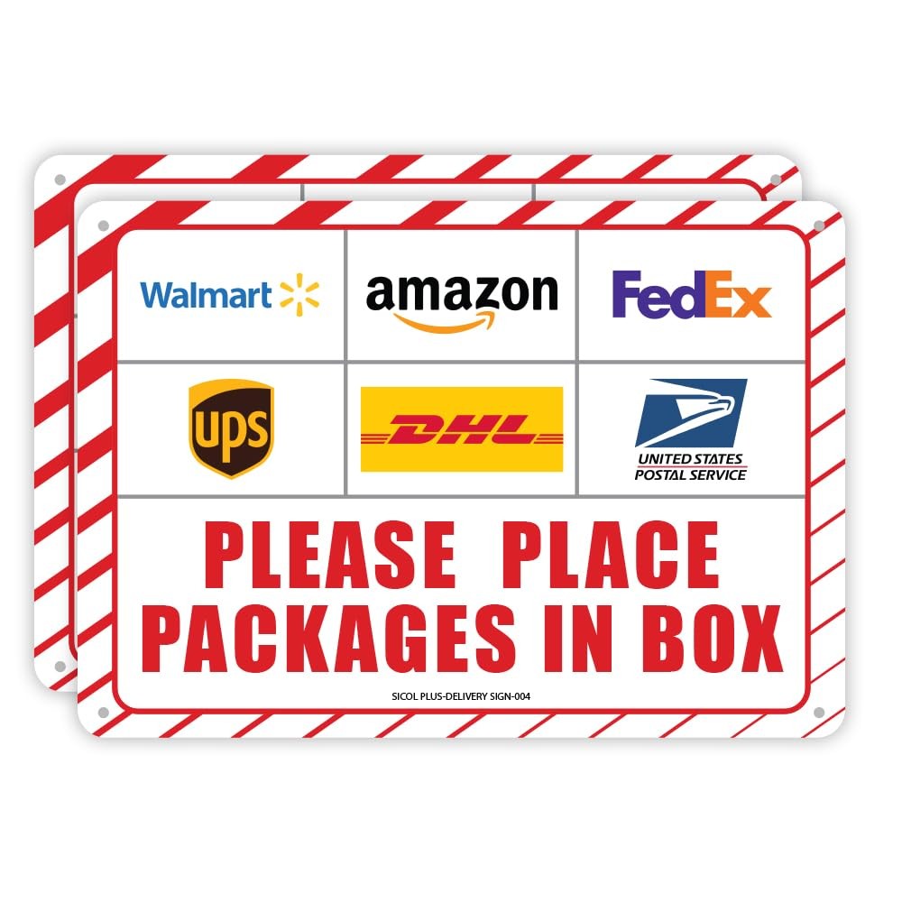 2 Pack 10×7 Inch Please Place Packages in Box Sign Aluminum Delivery Signs