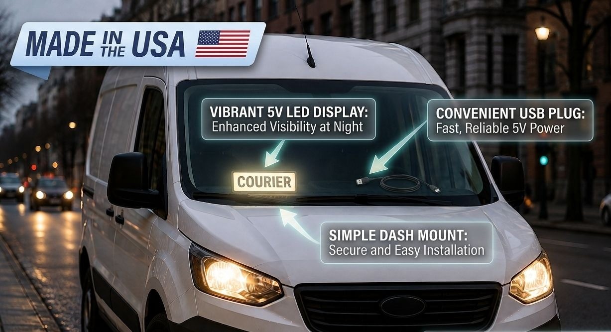 LED Courier Sign for Van & Car Dashboard – 5V USB Powered Lighted Delivery Sign,