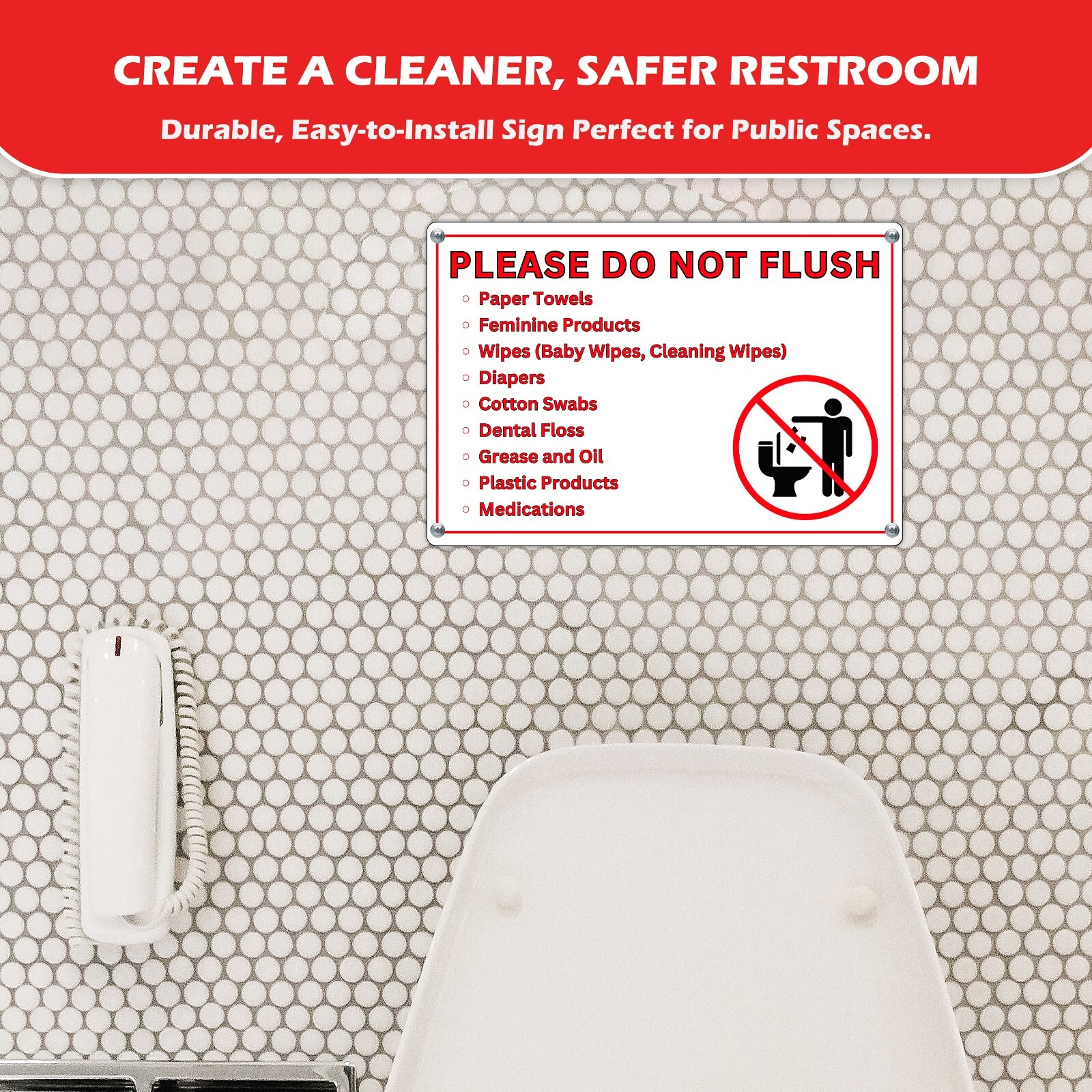 Please Do Not Flush Sign for Bathroom, 10 x 7 Inch Plastic, Adhesive, 1 Sign