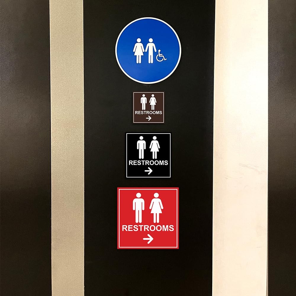 Black Medium Square Restrooms Right Arrow Sign Adhesive Tape Mount Any Surface