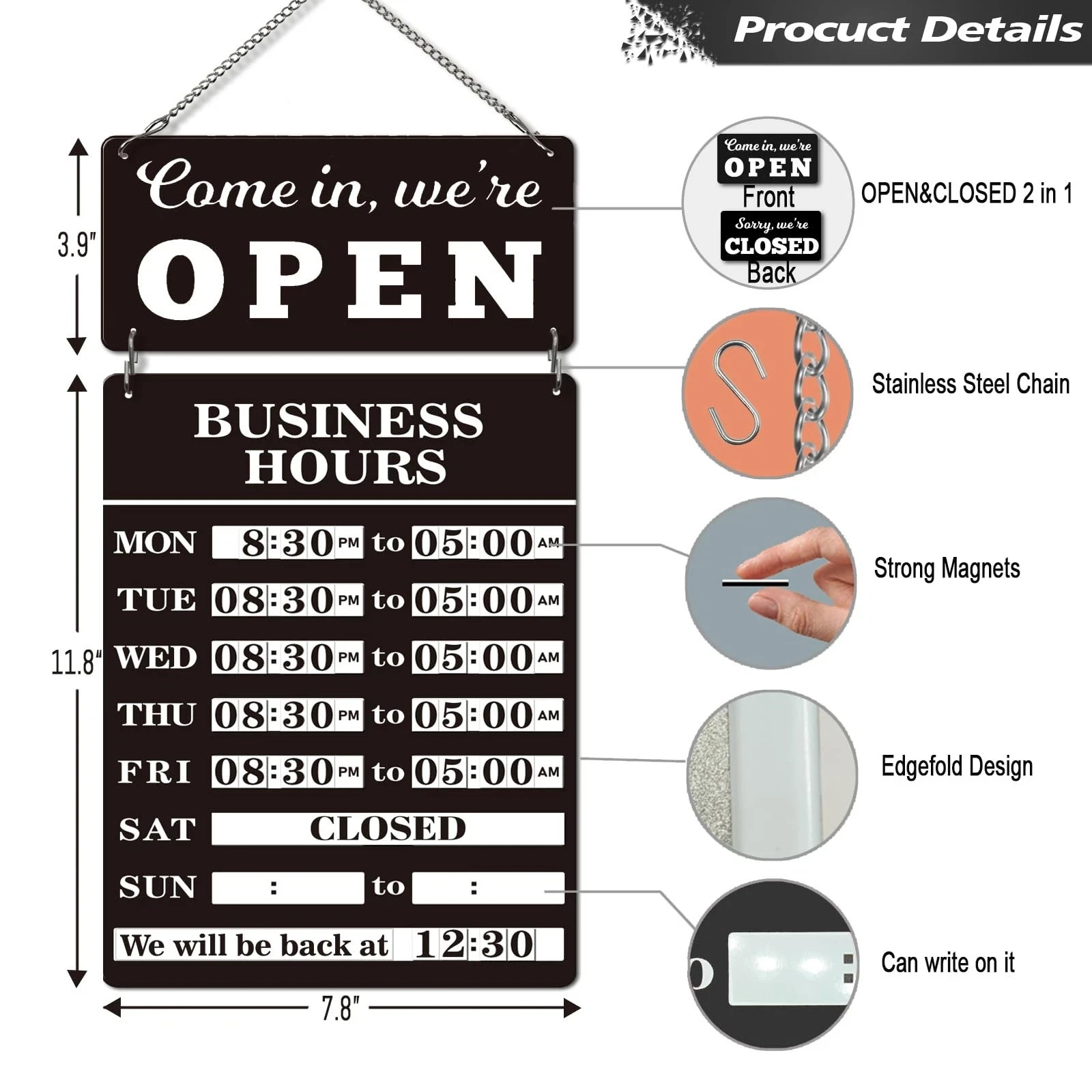 Magnetic Changeable Business Hours Sign with Double Sided 12*8in&8*4in, black