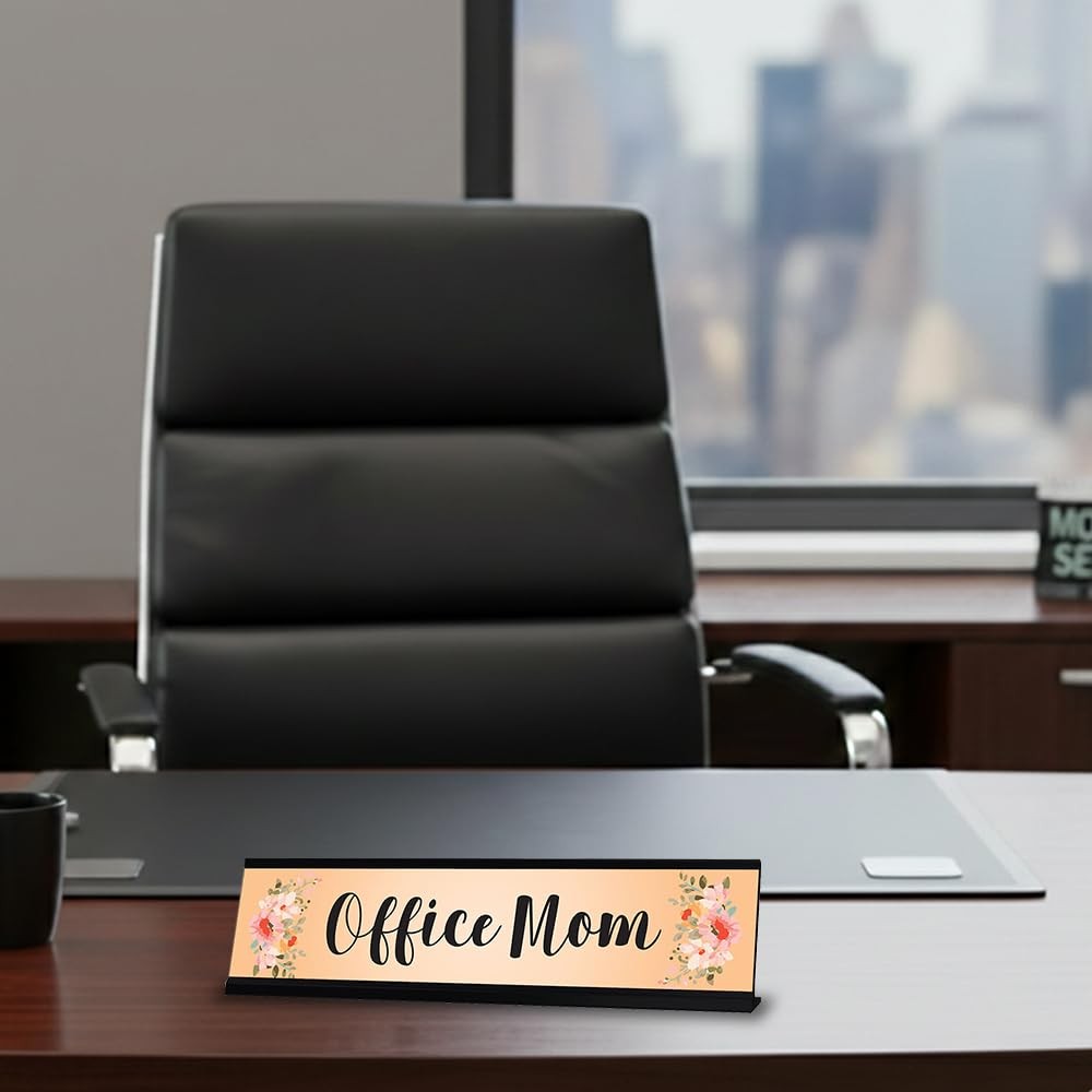 Office Mom, Orange Floral Designer Office Gift Desk Sign (2 x 8″)