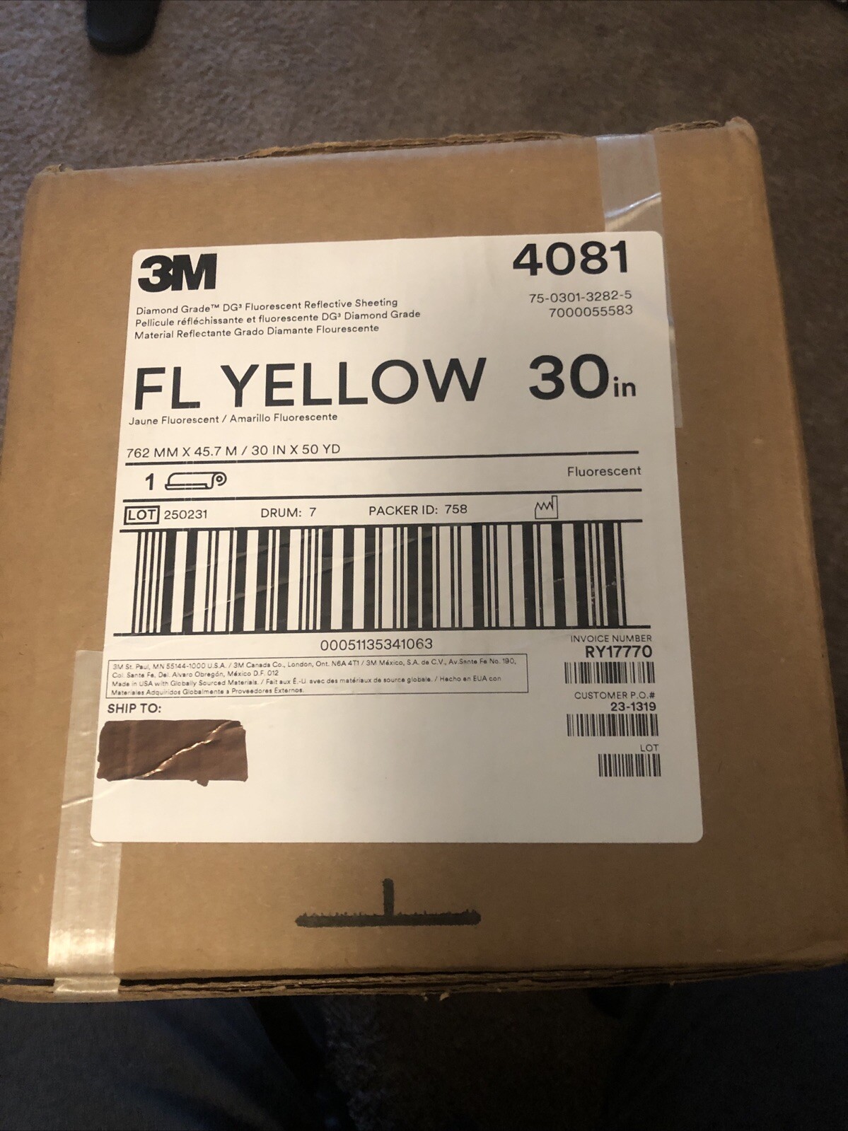 3M 7000055583 Diamond Grade Reflective Sheeting 30in X 50yds Fluorescent Yellow