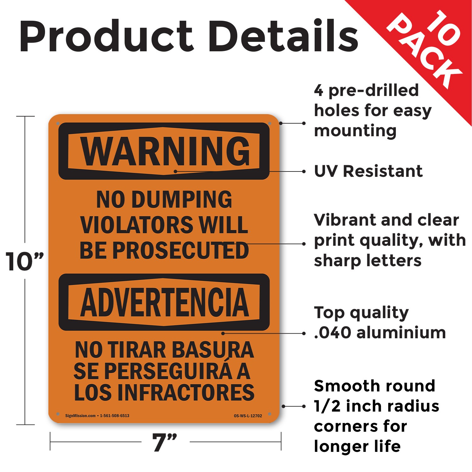 No Dumping Violators Prosecuted Bilingual OSHA WARNING Sign, Decal 5 or 10 Pack