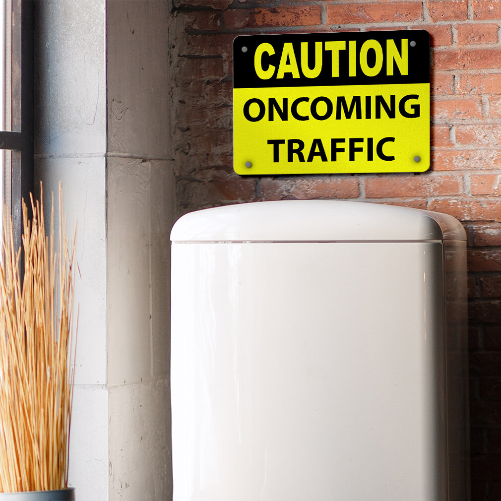 Horizontal Metal Sign Caution Oncoming Traffic Weatherproof Street Signage