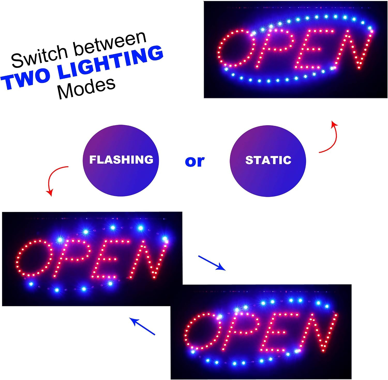 Neon Open Sign for Business: Horizontal LED Sign with Flashing Mode for Stores
