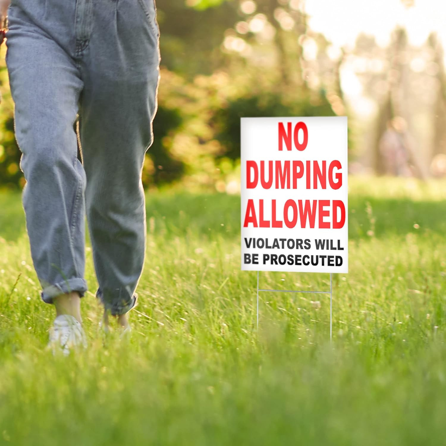 No Dumping Sign with Stake, 8×12 DS Coroplast No Littering Sign Outdoor for Yard