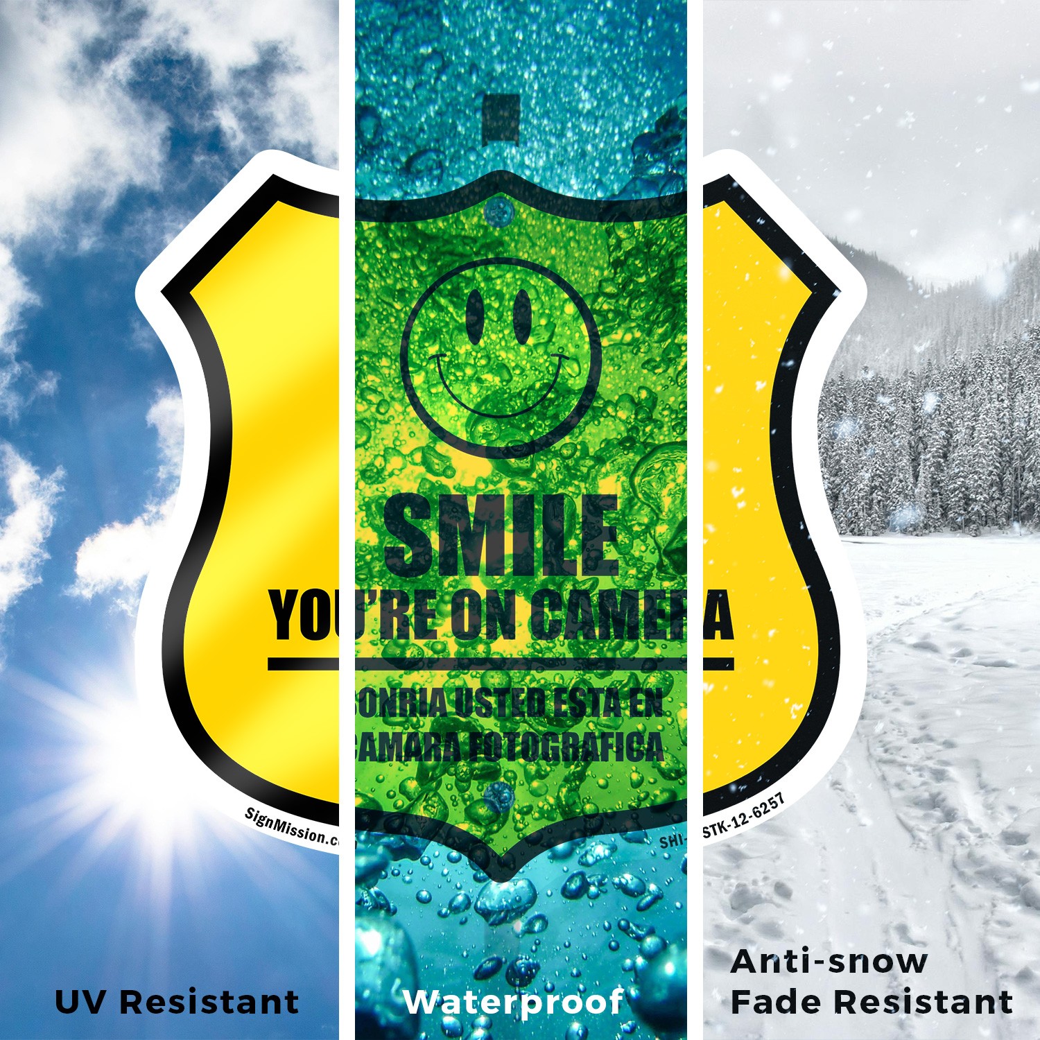 Smile You’re On Camera Bilingual English / Spanish Shield Shaped Sign With Stake