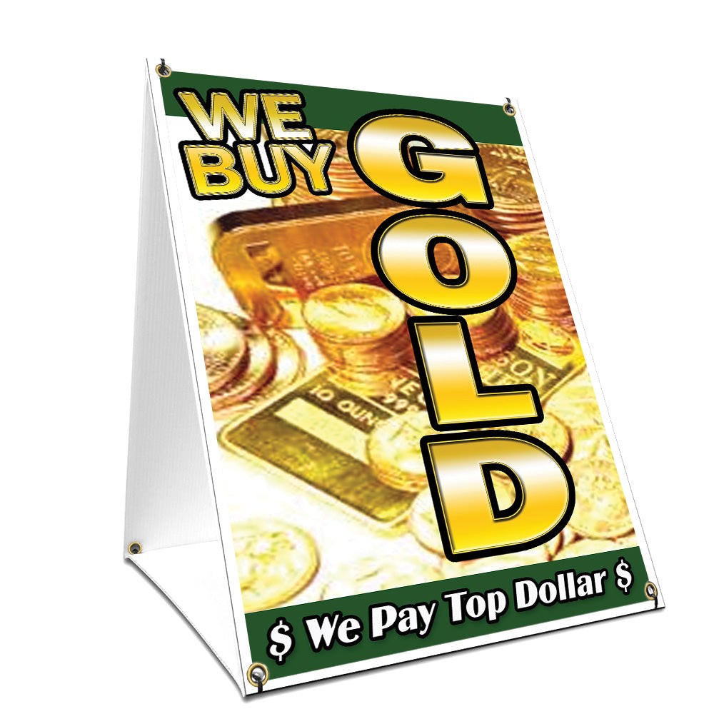 A-frame Sidewalk We Buy Gold 1 Vertical Sign With Graphics On Each Side