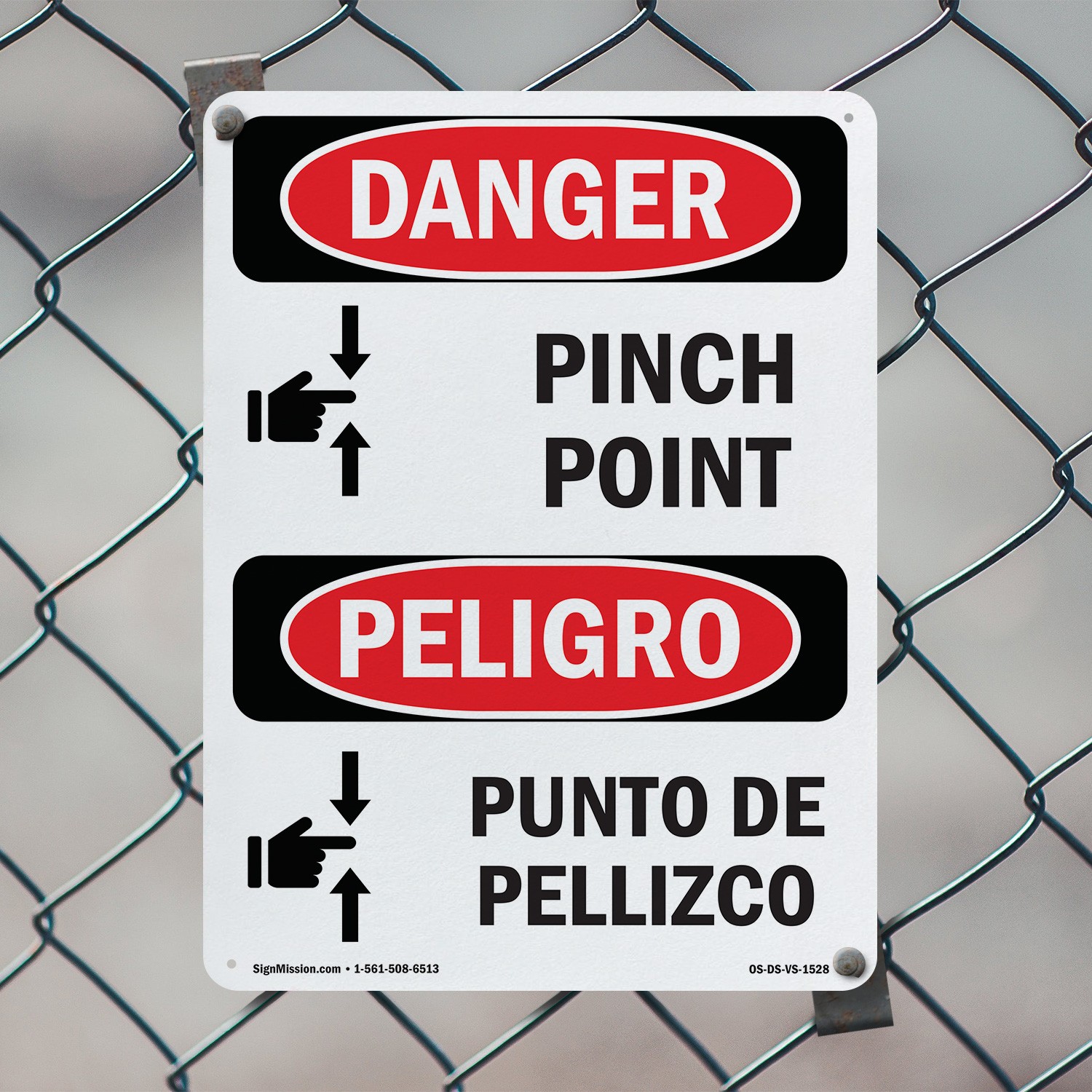 Pinch Point Bilingual OSHA Danger Sign Metal, Plastic, Or Decal – 5 or 10 Pack