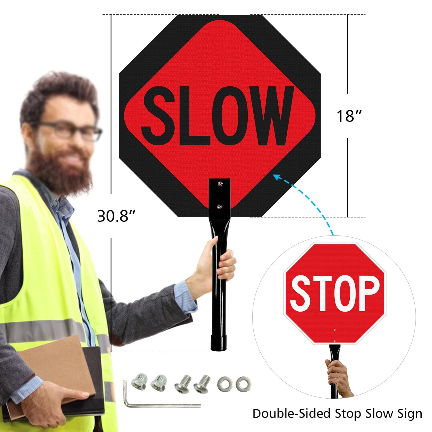 Stop Slow Sign with Metal Handle 18×18 inches Double Sided Slow/Stop sign Tra…