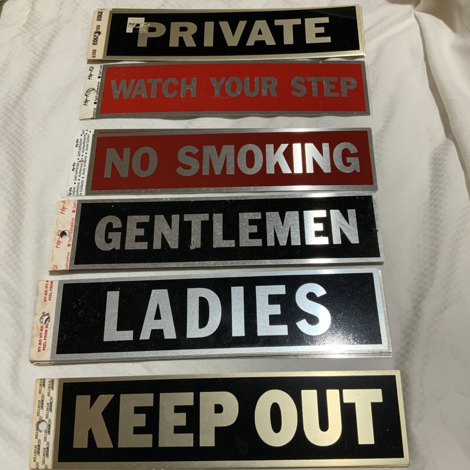 HILLMAN and HY-KO 8″ x 2″ LOT OF 34 ASSORTED Self Adhesive Business Signs