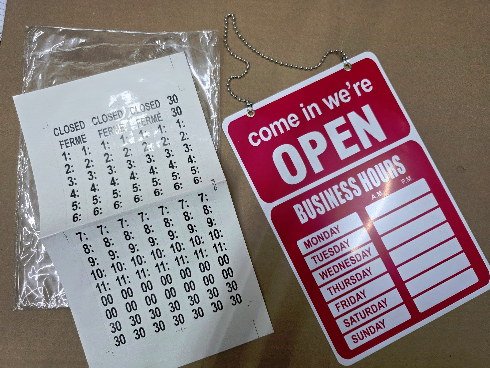 Open/Cose SIGN, Simple Hanging Sign, with hours stickers, for door or window