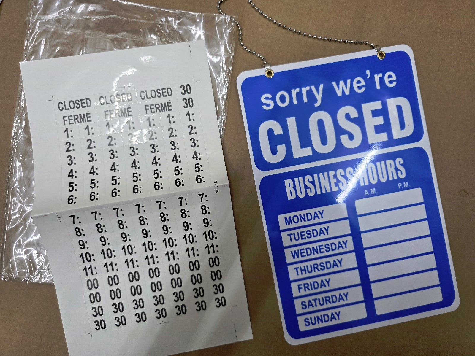 Open/Cose SIGN, Simple Hanging Sign, with hours stickers, for door or window