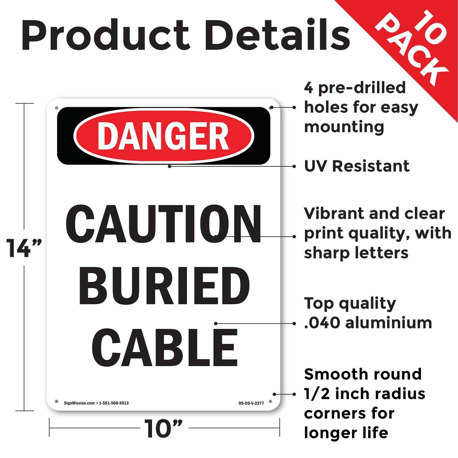 Caution Buried Cable OSHA Danger Sign Metal, Plastic, Or Decal – 5 or 10 Pack