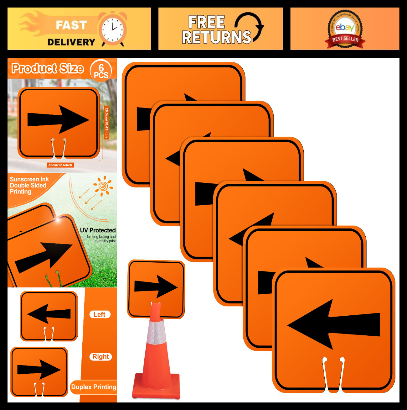 6 Pcs Orange Traffic Arrow Detour Signs – Directional Road Cone Arrows for Barri