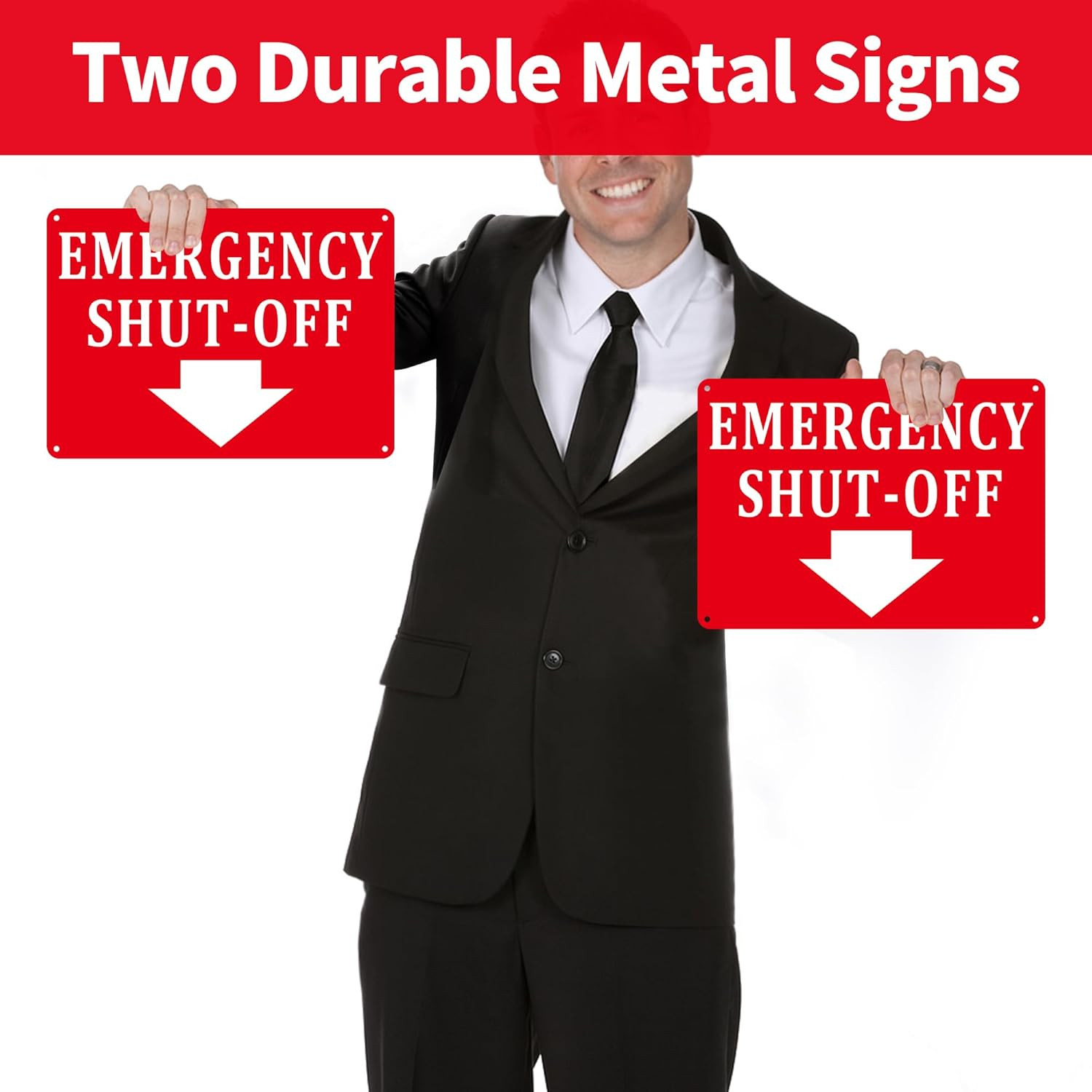 (2 Pack) Aluminum Emergency Shut-Off Sign, Emergency Shut-Off Signs with Down Ar