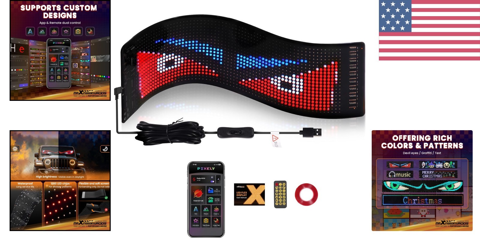 Flexible LED Display for Cars – 14″x4″ Waterproof RGB Sign with Remote Control
